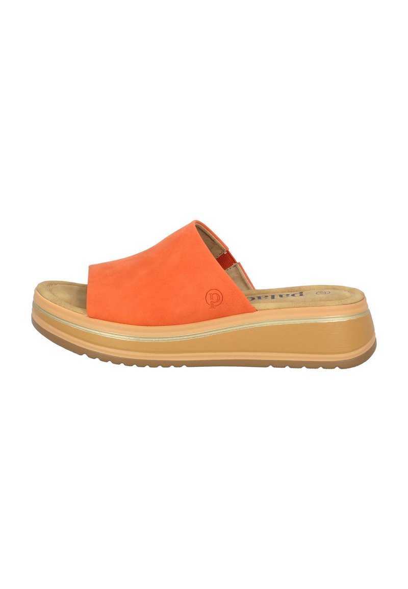 Sandales à glissière en suede orange avec une large sangle sur le pied, semelle compensée et semelle extérieure en caoutchouc beige courbé. Détail minimal du logo.