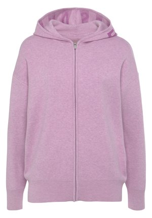 Light purple hoodie with a zip front, featuring a soft texture, oversized design, and a patterned interior lining. Ribbed cuffs and hem.