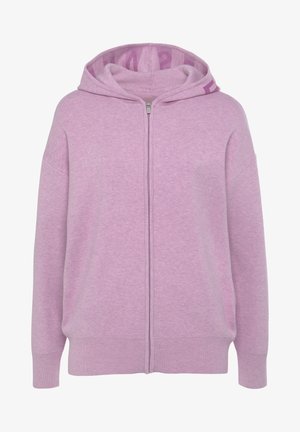 Light purple hoodie with a zip front, featuring a soft texture, oversized design, and a patterned interior lining. Ribbed cuffs and hem.
