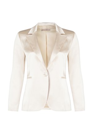 Roomkleurig satijnen colbert met een gladde textuur, notched revers, sluiting met één knoop en twee voorzakken. Elegante, op maat gemaakte stijl.