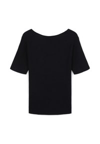 Top corto a maniche corte in maglia nera con scollo ampio, caratterizzato da una vestibilità rilassata e una texture a coste. La vista posteriore mostra un colore solido e un design minimalista.