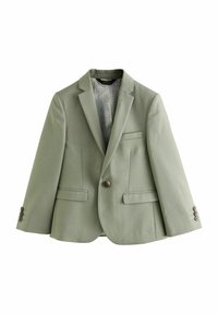 Grüne Blazer aus strukturiertem Stoff, mit einem einzelnen Knopf, zwei vorderen Taschen und einem detaillierten gemusterten Futter innen.