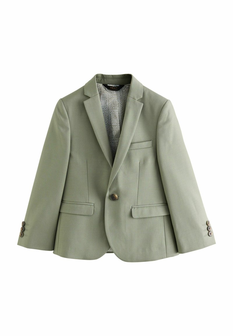 Grüne Blazer aus strukturiertem Stoff, mit einem einzelnen Knopf, zwei vorderen Taschen und einem detaillierten gemusterten Futter innen.