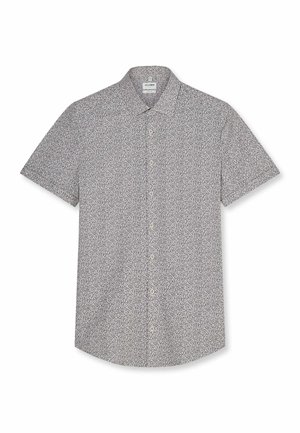 Kurzärmeliges Hemd mit Knopfleiste, schwarz-weißem abstraktem Blattmuster und klassischem Kragen, flach auf weißem Hintergrund liegend.