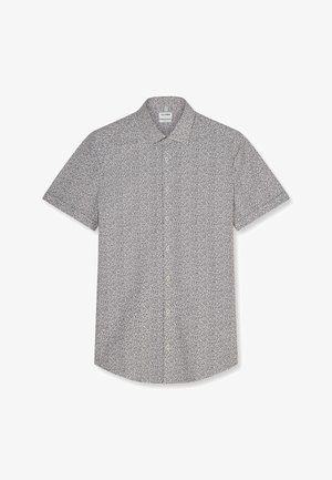 Camicia a maniche corte con bottoni, motivo astratto di foglie in bianco e nero e colletto classico, stesa su sfondo bianco.