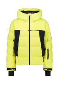 Gele pufferjas met zwarte accenten, een capuchon en een ritssluiting aan de voorkant. Heeft een gewatteerde textuur en geborduurde manchetten met verstelbare banden.