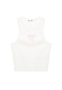 Wit katoenen tanktop met een aansluitend ontwerp. Heeft een klein roze geborduurd strikje in het midden en schone randen zonder verdere patronen.