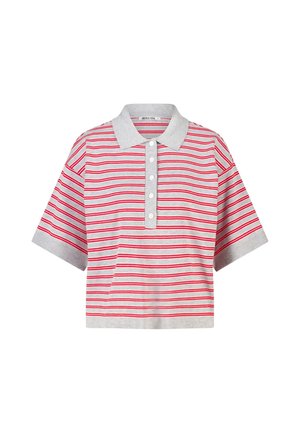 Grijs poloshirt met korte mouwen, dunne rode horizontale strepen en witte knopen op de voorbies.