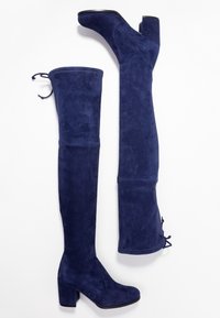 Dunkelblaue Wildleder-Stiefel bis zum Oberschenkel mit einem Blockabsatz, seitlichem Reißverschluss und einer Zugbandschnur am oberen Ende. Glatte Oberfläche.