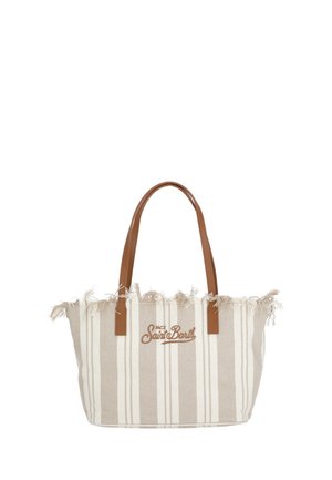 Beige en wit gestreepte stoffen tote bag met rafelige randen, bruine leren handvatten en "MC2 Saint Barth" logo aan de voorkant.