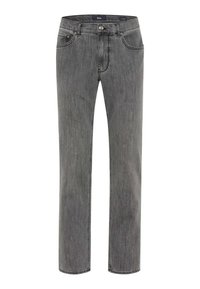 Grijze denim jeans met rechte pijpen, ontworpen met vijf zakken, metalen knoopsluiting, subtiele vervaging en contrasterende stikseldetails.