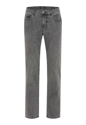 Graue Denim-Jeans mit geradem Bein, Fünf-Taschen-Design, Metallknopfverschluss, subtiler Verwaschung und kontrastierenden Nähten.