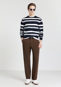 Un pull en maille rayé bleu marine et blanc, un pantalon marron et des baskets blanches. Des lunettes de soleil rondes complètent la tenue. Texture lisse et coupe ajustée.
