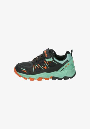 Black and teal outdoor sport shoe with orange accents, rugged sole, and velcro strap closure.