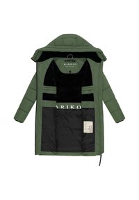 Green padded coat with a hood, featuring black interior lining, multiple pockets, and a tag on the left side. Zipped front closure.