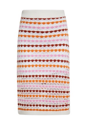 Strickrock mit einem vertikalen Streifenmuster in Orange, Pink und Braun auf einem weißen Hintergrund, mit elastischem Bund und strukturiertem Stoff.