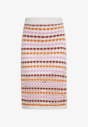 Strickrock mit einem vertikalen Streifenmuster in Orange, Pink und Braun auf einem weißen Hintergrund, mit elastischem Bund und strukturiertem Stoff.