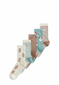 Set di cinque calzini in vari colori e fantasie: crema con gingerbread, blu con pupazzi di neve, marrone, a righe e colori uniti.