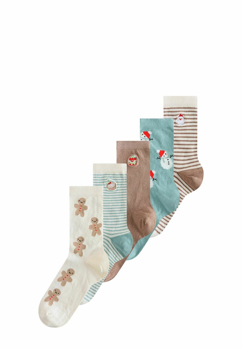 Set di cinque calzini in vari colori e fantasie: crema con gingerbread, blu con pupazzi di neve, marrone, a righe e colori uniti.