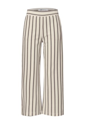 Pantalon beige à jambes larges avec des rayures verticales noires espacées uniformément et une taille ajustée de la marque Street One.