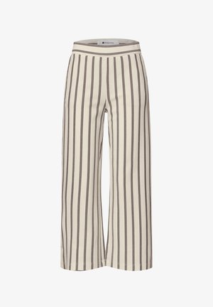 Pantalon beige à jambes larges avec des rayures verticales noires espacées uniformément et une taille ajustée de la marque Street One.
