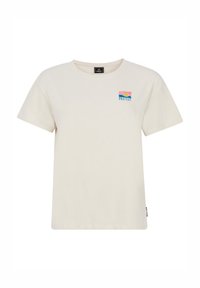 Jasno beżowa bawełniana koszulka z krótkim rękawem, okrągłym dekoltem oraz małym, wielokolorowym graficznym napisem "PROTEST" na lewej piersi.