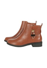 Stivaletti alla caviglia in finta pelle marrone con punta rotonda, tacco basso a blocco, zip laterale e dettagli decorativi in oro.