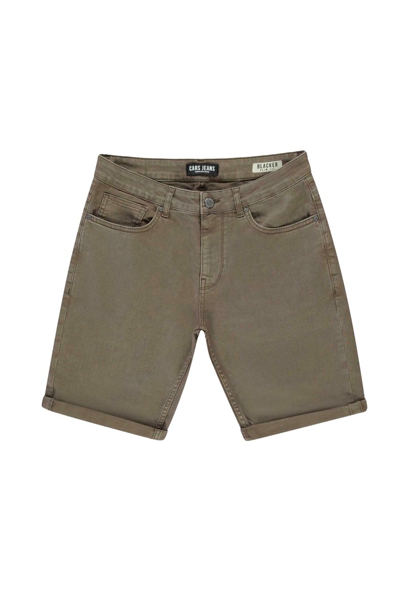 Olijfgroene denim short met een omslagrand, featuring twee voorzakken, een knoopsluiting en een label op de tailleband.