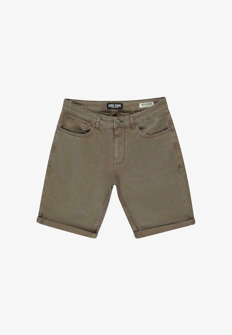 Olijfgroene denim short met een omslagrand, featuring twee voorzakken, een knoopsluiting en een label op de tailleband.