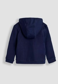 Felpa con cappuccio di colore blu navy realizzata in tessuto morbido, caratterizzata da un design semplice con orlo cucito e maniche lunghe.