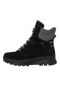 Botas de ante negras de corte medio con acentos sintéticos grises, cordones con patrón y una suela de goma texturizada. Incluyen un forro interior suave.