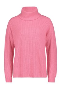 Rosa gestrickter Rollkragenpullover mit geripptem Design, langen Ärmeln und einer lässigen Passform. Verfügt über einen hohen Rollkragen und breite Bündchen.