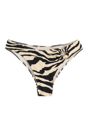 Musta-beige raidallinen zebran kuosi bikinin alaosa, jossa on teksturoitu kangas ja pyöreä rengas oikealla lonkalla.