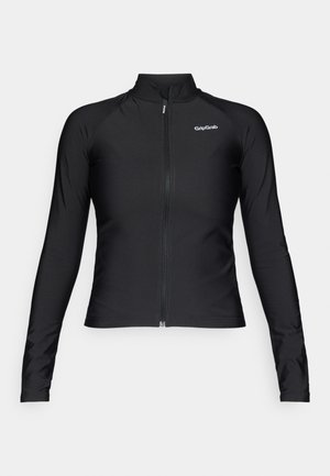 Czarna, długorękawowa kurtka rowerowa z zamkiem z przodu, wykonana z elastycznego materiału. Posiada wysoki kołnierz oraz logo "GripGrab" na klatce piersiowej.