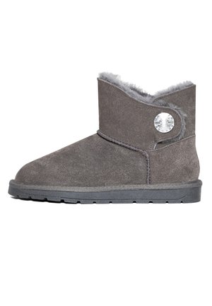 Graue Wildleder-Ankle-Boots mit einer strukturierten Oberfläche, flauschigem grauen Futter und einem dekorativen Knopfakzent. Flache schwarze Gummisohle.