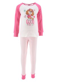 Pink pajama set with long sleeves, featuring a white top with a cartoon dog and "GOOD NIGHT!" text. Soft pink leggings with contrasting pink cuffs.