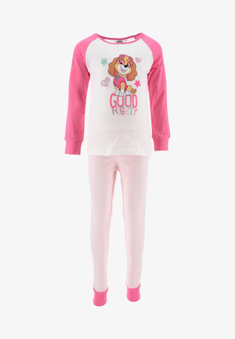 Pink pajama set with long sleeves, featuring a white top with a cartoon dog and "GOOD NIGHT!" text. Soft pink leggings with contrasting pink cuffs.