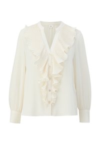 Blusa bianca con colletto a balze e pieghe nella parte anteriore. Presenta maniche lunghe e chiusure a bottoni lungo il centro. Tessuto con una superficie liscia.