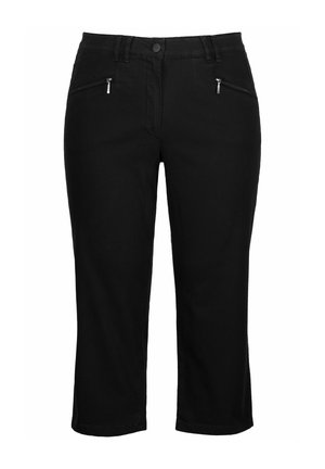 Pantalones cortos negros con una textura suave, que cuentan con dos bolsillos frontales con cremallera y un cierre de botón en la cintura.