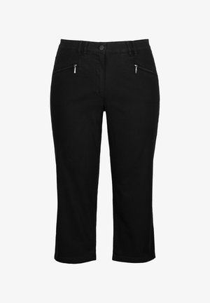 Schwarze, verkürzte Hosen mit glatter Textur, ausgestattet mit zwei Reißverschlusstaschen auf der Vorderseite und einem Knopfverschluss an der Taille.