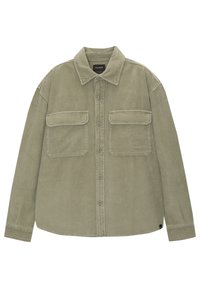 Chaqueta de camisa de pana color caqui con cierre de botones, dos bolsillos en el pecho y cuello extendido. Textura suave con patrón de nervios.