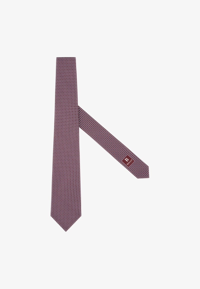 Burgundzka krawat z geometrycznym wzorem, wąski, gładka tekstura oraz mała metka markowa przy szerszym końcu.