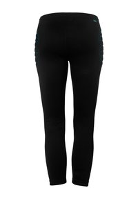 Sorte leggings lavet af et glat, strækbart stof. Har blå stikninger som accenter og et slankt design. Bagfra ses en tætsiddende pasform.