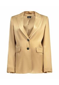 Blazer in raso dorato con rever a incavo, due tasche frontali e bottoni neri. Presenta una texture liscia e una vestibilità strutturata.