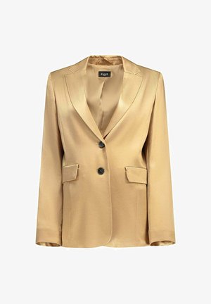 Blazer in raso dorato con rever a incavo, due tasche frontali e bottoni neri. Presenta una texture liscia e una vestibilità strutturata.