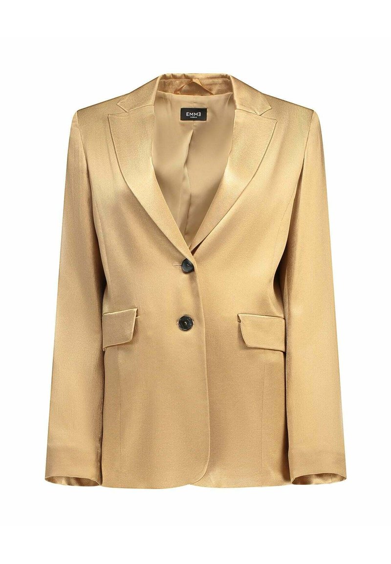 Blazer in raso dorato con rever a incavo, due tasche frontali e bottoni neri. Presenta una texture liscia e una vestibilità strutturata.