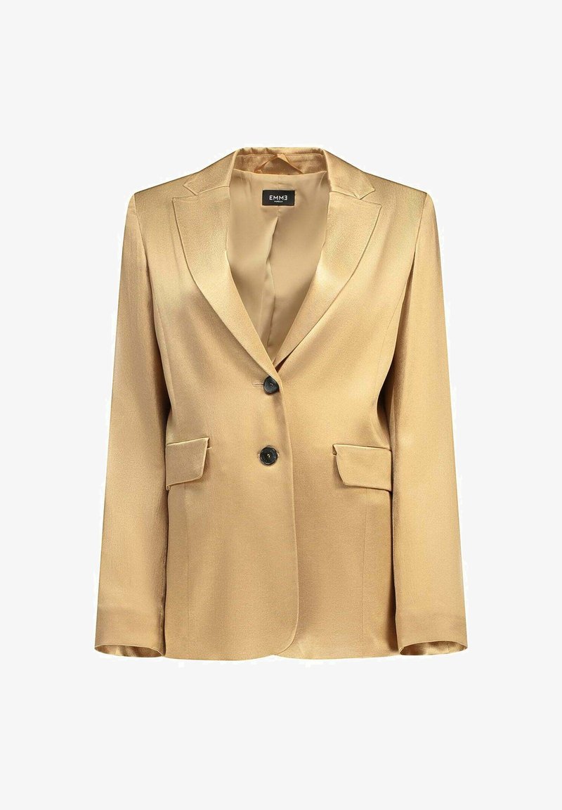Blazer in raso dorato con rever a incavo, due tasche frontali e bottoni neri. Presenta una texture liscia e una vestibilità strutturata.