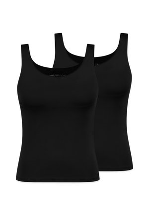 Zwei schlichte schwarze ärmellose Tanktops mit breiten Trägern, nebeneinander auf weißem Hintergrund dargestellt.