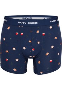 Marina boxerkalsonger i mjukt tyg, med ett lekfullt mönster av pepparkaksgubbar, muffins och stjärnor i ljusa färger på ytan.