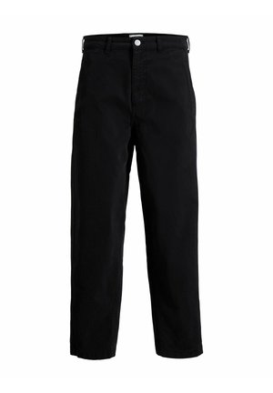 Pantalon noir à jambes droites avec passants pour ceinture, fermeture avant par boutons et braguette zippée, présenté sur un fond blanc.